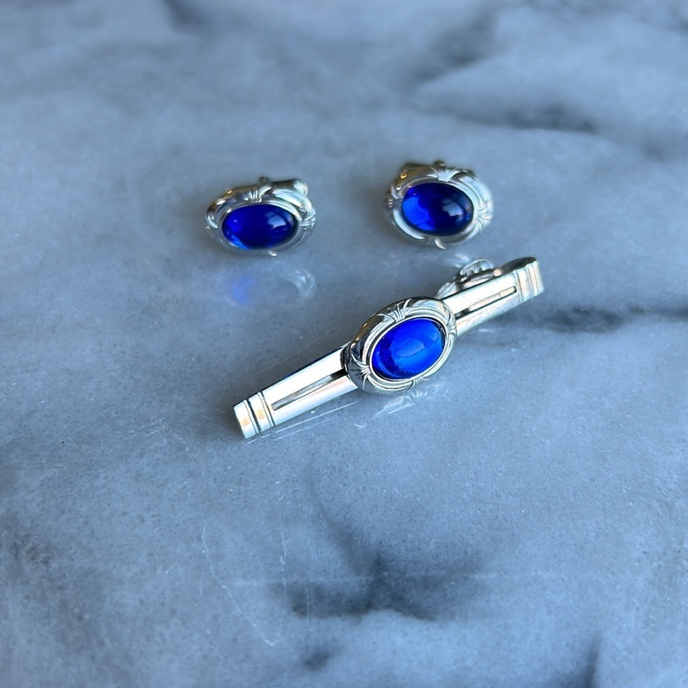Anson designer signed vintage cuff links & tie clip silver tone setting formal